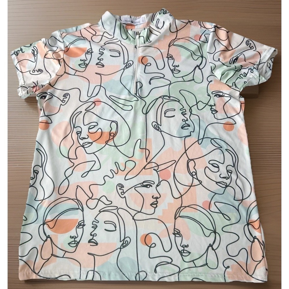 Cherryswing Women's Artistic Faces Short Sleeve Golf Shirt L UPF +50 Wicking